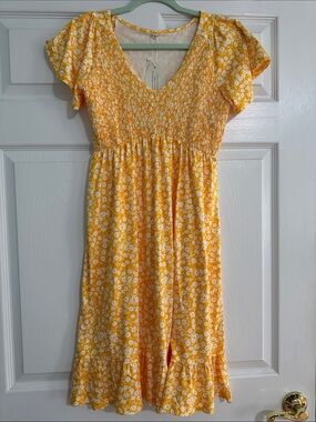 Smocked V-Neck Midi Dress in Yellow Floral